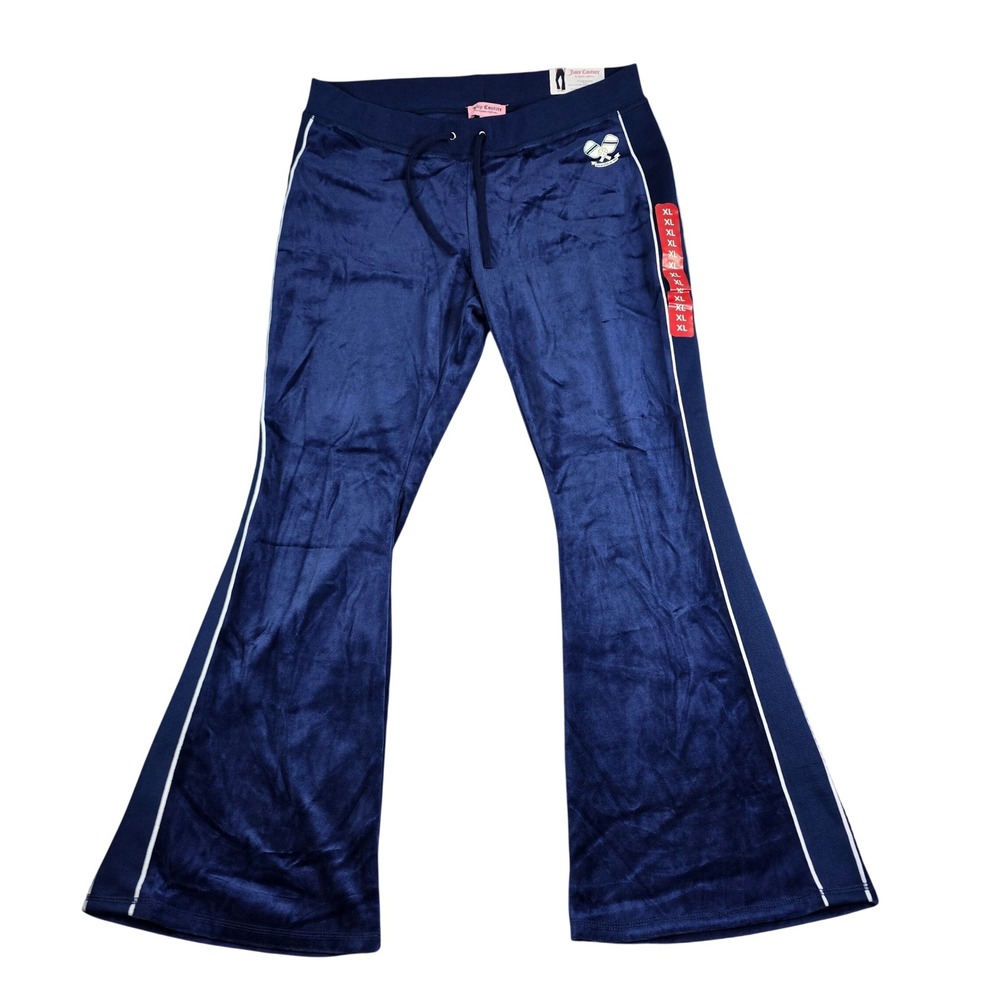 Juicy Couture Velour Pants Women XL Navy Blue Flare Side Stripe Pickleball Y2K